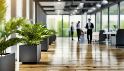 Bureau d'affaires en espace ouvert avec des plantes, des personnes floues, un sol en parquet, du mobilier de bureau moderne et un fond flou, pour un arrière-plan d'ambiance de travail ou de business - obrazy, fototapety, plakaty