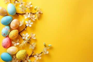 Obraz premium Happy Easter Eggs Basket eggstra festive. Bunny hopping in flower easter activities decoration. Adorable hare 3d sunrise service rabbit illustration. Holy week easter festive hunt Faith card Growth