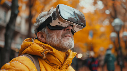 portrait of a white old man wearing VR glasses and smiling