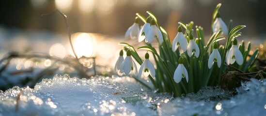 Beautiful snowdrops blooming in the pristine white snow during winter season