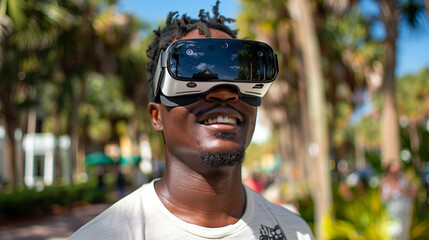 portrait of a black man wearing VR glasses and smiling