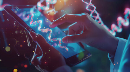 Abstract luminous DNA molecule. Doctor using tablet and check with analysis chromosome DNA genetic of human on virtual interface  , Generative AI