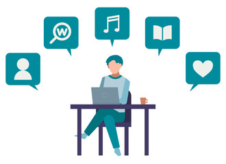 ラップトップを使う男性　人物フラットイラスト　在宅ワーク　吹き出しシンボル