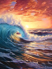Sunset Waves: Vibrant Atmospheric Ocean Wave Paintings in Golden Hour Landscape