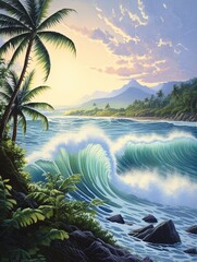 Oceanic Island Escape: Atmospheric Wave Paintings & Scenic Island Artwork