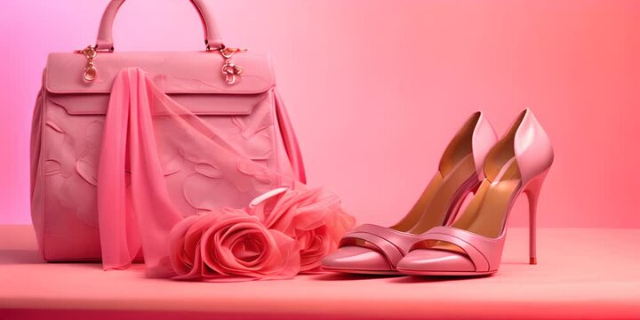 Pink bags and shoes on a pink background 4K Video