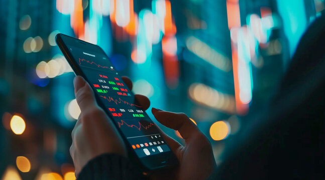 Businessman using a smartphone app to buy or sell shares of stock market. Investment concept 
