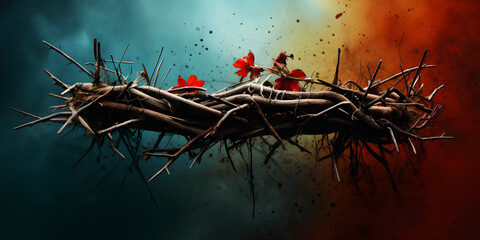 The top view of a crown of thorns with flower Close Up Crown thorns on the colorful background.