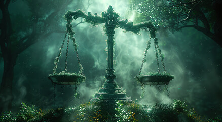 Mystical forest scene with an ancient balance scale enveloped in fog and overgrown with moss, symbolizing justice or decision-making. - obrazy, fototapety, plakaty