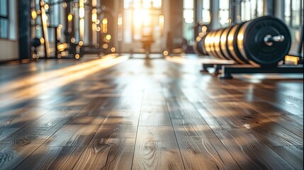 Close up gym floor, low camera angle view of a modern gym interior, bright light. Generative AI.