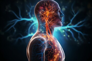 silhouette of a human body with the blood circulatory system and neural connections around head and brain in form of a hologram on a dark background with light, biotechnology concept