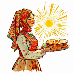 Obraz premium Joyful girl with thin pancakes or bliny on a plate in her hands. National russian festival. Maslenitsa or Shrovetide Day. Spring is coming concept. Illustration for banner or greeting card