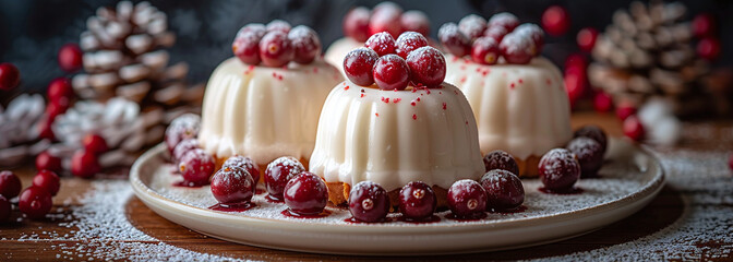 White chocolate panna cotta garnished with fresh cranberries on a rustic wooden table, festive dessert concept.