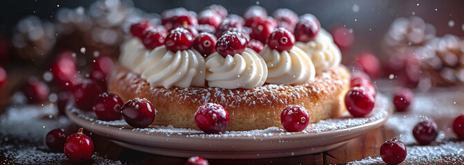 Naklejka premium Delicious sponge cake topped with whipped cream and fresh red currants, dusted with powdered sugar on a rustic table.