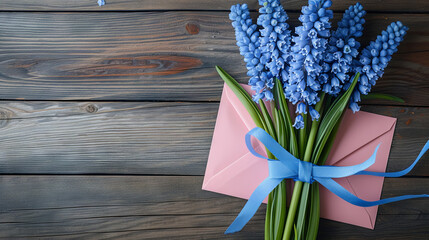 Bouquet of beautiful blue muscari and envelope on wooden gray background - obrazy, fototapety, plakaty