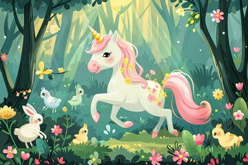 majestic unicorn prancing through a mystical Easter forest, its horn adorned with ribbons and flowers, as Easter bunnies and chicks frolic nearby