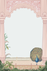 Mughal garden with peacock, bird, arch illustration