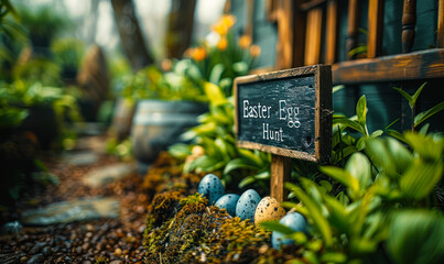 Rustic Easter Egg Hunt signboard surrounded by fresh spring greens and pastel colored eggs nestled...