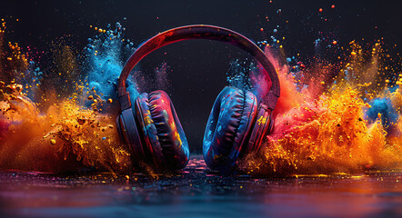 Headphones with colorful powder explosion on dark background, representing dynamic sound and music...