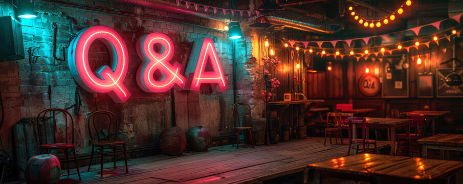 Vibrant neon Q&A sign on a stage with spotlights and festive bunting, symbolizing a live question and answer event, interactive session, or forum