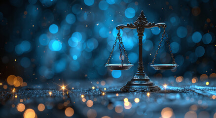Scales of justice on a sparkling blue background, symbolizing law, balance, and fairness. - obrazy, fototapety, plakaty