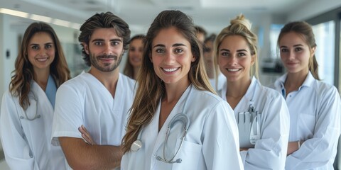 Group of doctors in modern hospital. dressed in medical clothes. Generative AI.