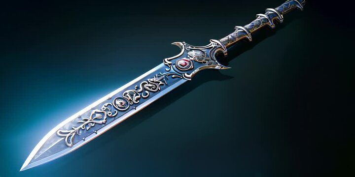 Old sword medieval weapon blade equipment with ornate handle isolated 4K Video
