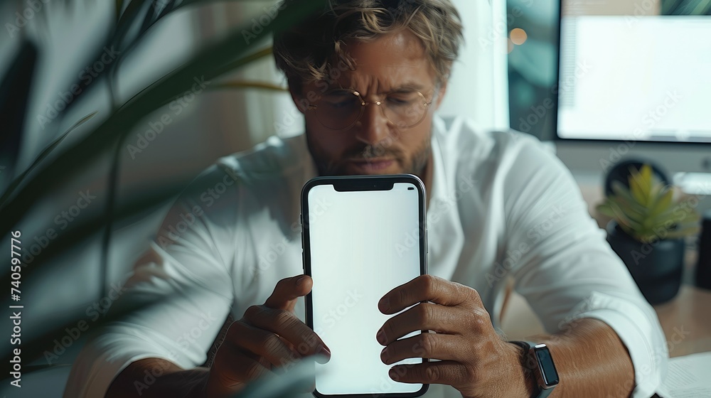 Poster businessman reading an informations on the phone screen. phone white screen mockup. empty mockup. ge