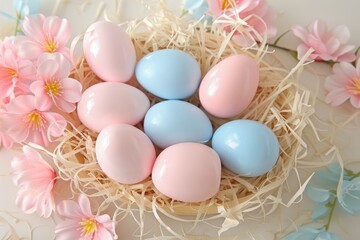 Obraz premium Happy Easter Eggs Basket copy field. Bunny hopping in flower easter window cling decoration. Adorable hare 3d text box rabbit illustration. Holy week easter festive hunt Dazzling card encouragement