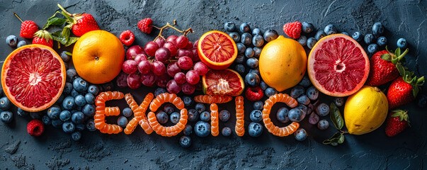 Colorful exotic fruit varieties forming the word EXOTIC on a bright background, symbolizing tropical diversity and the vibrancy of nature's bounty