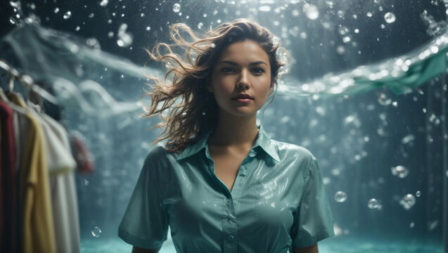 woman and cleaning clothes washing machine or detergent liquid commercial advertisement style with floating shirt and dress underwater with bubbles and wet splashes laundry work
