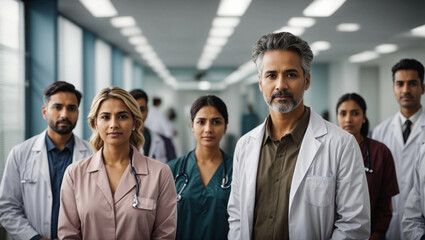 Fototapeta premium Portrait of doctor standing with his team on background in commercial hospital or clinic