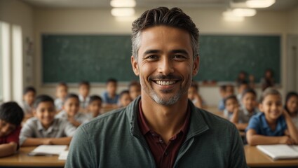 Portrait of smiling male teacher in a class at elementary school looking at camera with learning students on background