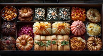 Assorted traditional Middle Eastern sweets in a box, featuring baklava, maamoul, and decorated pastries with nuts and dates.