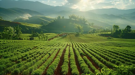 Fototapeta na wymiar Beautiful fields of spices on hills. It is sunny. Generative AI.