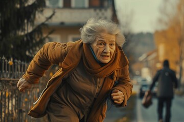 Fototapeta premium Portrait d'une vieille femme courant dans la rue » IA générative