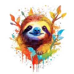 Illustration Painting of A colorful sloth Clipart, isolated on a white background.