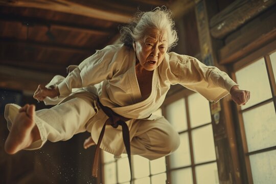 Portrait d'une vieille femme faisant du karaté dans un dojo » IA générative