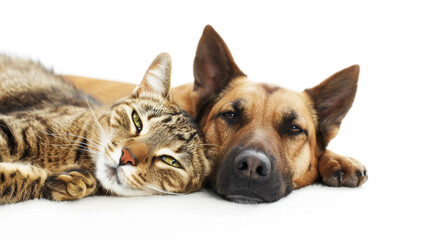 the dog and cat lie together. isolated on white background . Generative Ai