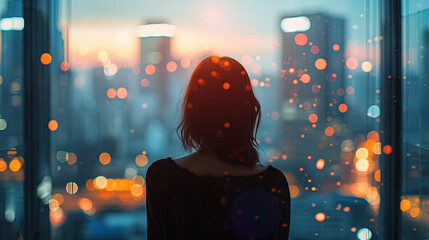 A young woman admires the lights of a beautiful night city