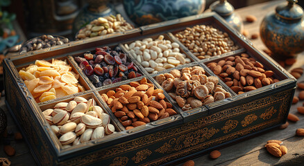 Assorted nuts and dried fruits in a decorative wooden box, displayed on a rustic table with ornate details.