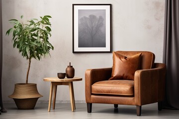 Brown Leather Armchair Designs: Minimalist Layout With Wooden Side Table And Wall Poster