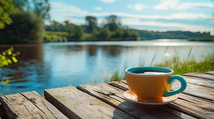 Fotobehang White cup of morning coffee on a pier by the river © Taisiia