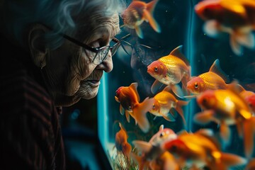 Portrait d'une vieille femme devant un aquarium de poissons rouges » IA générative - obrazy, fototapety, plakaty