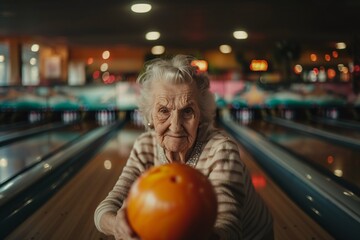 Portrait d'une vieille femme qui fait du bowling » IA générative - obrazy, fototapety, plakaty