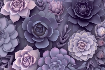 Succulent seamless pattern. Voluminous 3D flowers and roses in appliqué style in lilac and violet tones in 3D style. Trendy design, floral background illustration.