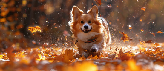 Happy corgi dog running through autumn leaves with a joyful expression, warm golden light illuminating the scene.
