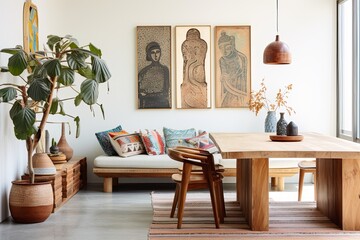 Bohemian Elegance: Chic Living Space Featuring Wooden Dining Table and Stunning Wall Art
