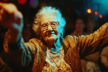 Obraz premium Vieille femme joyeuse sur une piste de danse » IA générative