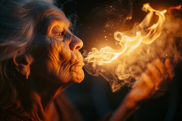 Portrait d'une vieille femme jouant avec le feu » IA générative - obrazy, fototapety, plakaty